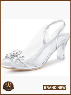 Peep Toe Clear Chunky Heel Sandals with Rhinestone Flower Slingback